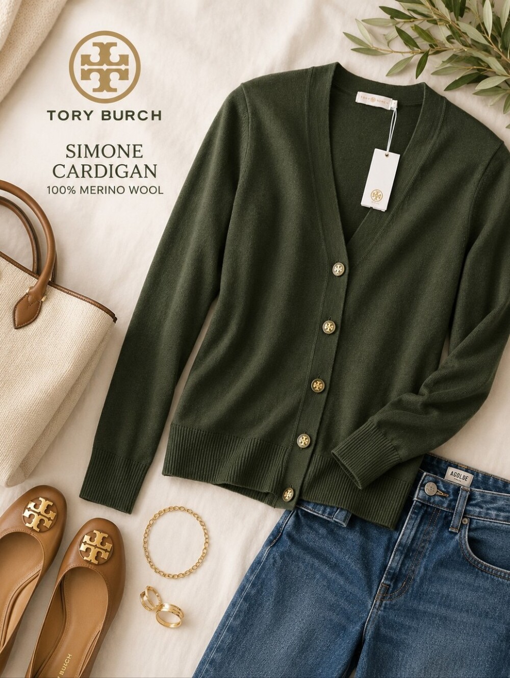 NWT Tory Burch Simone Cardigan 100% Merino Wool Grove Green Logo Button Sweater